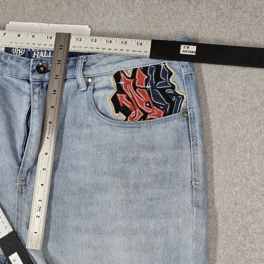 Ninth Hall Men Shorts 36 Light Blue Denim Y2K Grunge Embroidered Graphic Skull